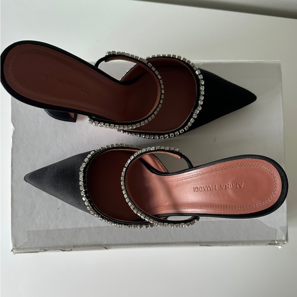 Amina Muaddi Black Satin Gilda Heels Pumps with Crystal Accents - Picture 4 of 13